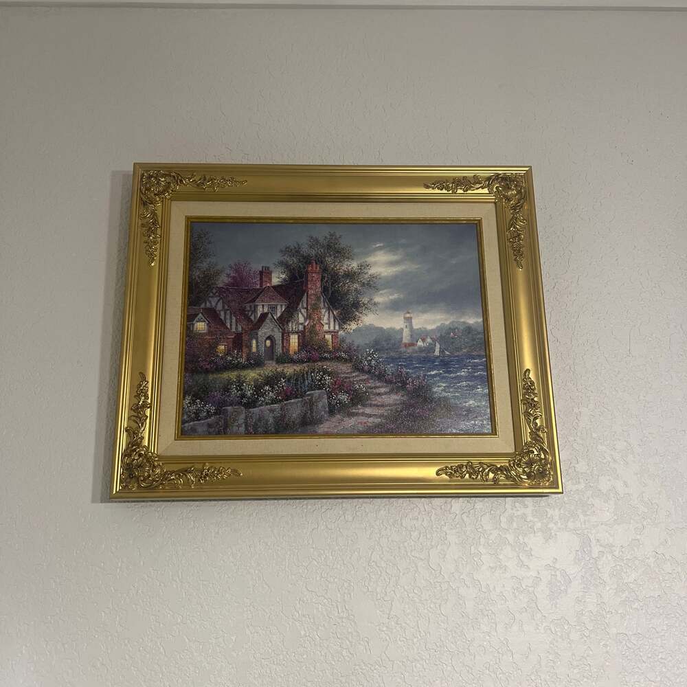 Thomas Kinkade 'The Light of Peace' Framed Canvas - Coastal Cottage & Lighthouse